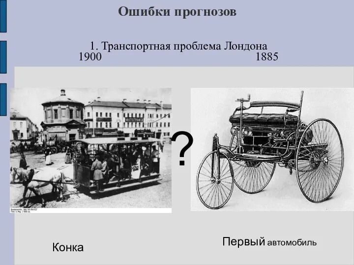 Ошибки прогнозов 1. Транспортная проблема Лондона 1900 1885 ? Конка Первый автомобиль