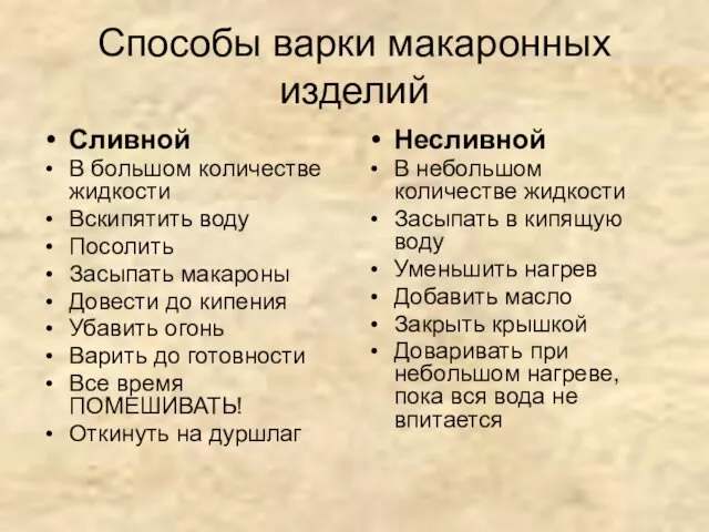 Способы варки макаронных изделий Сливной В большом количестве жидкости Вскипятить