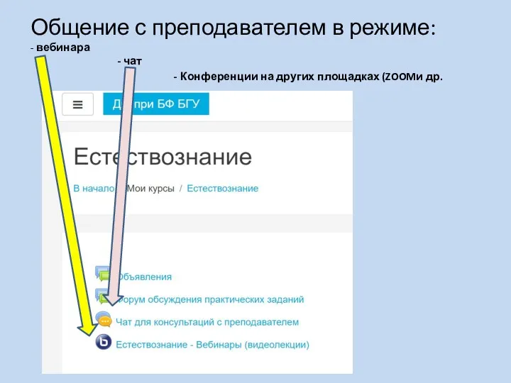 Общение с преподавателем в режиме: - вебинара - чат - Конференции на других площадках (ZOOMи др.