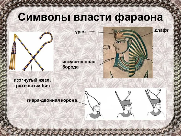 Символы власти фараона изогнутый жезл, трехвостый бич клафт урея искусственная борода тиара-двойная корона