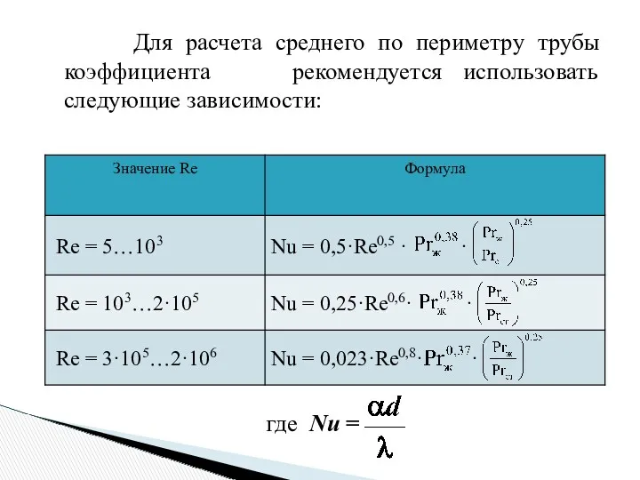 Для расчета среднего по периметру трубы коэффициента рекомендуется использовать следующие зависимости: где Nu =