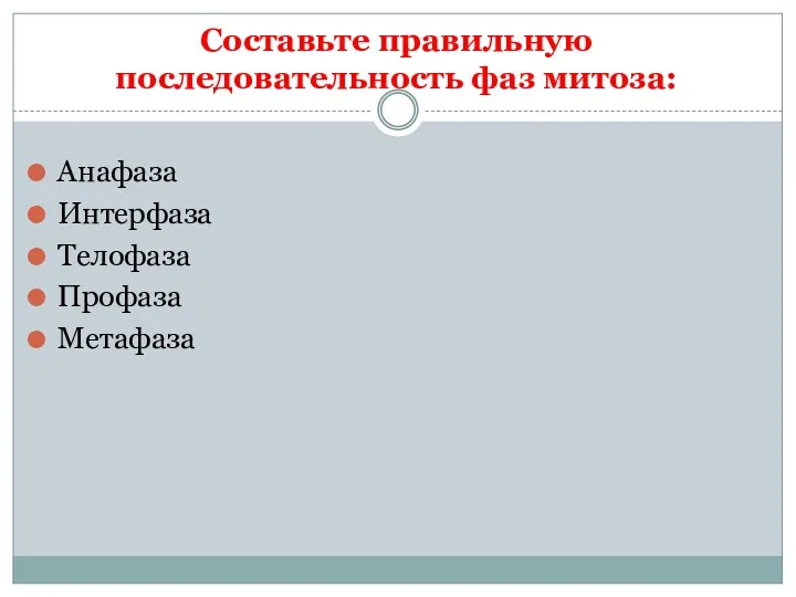 Составьте правильную последовательность фаз митоза: Анафаза Интерфаза Телофаза Профаза Метафаза