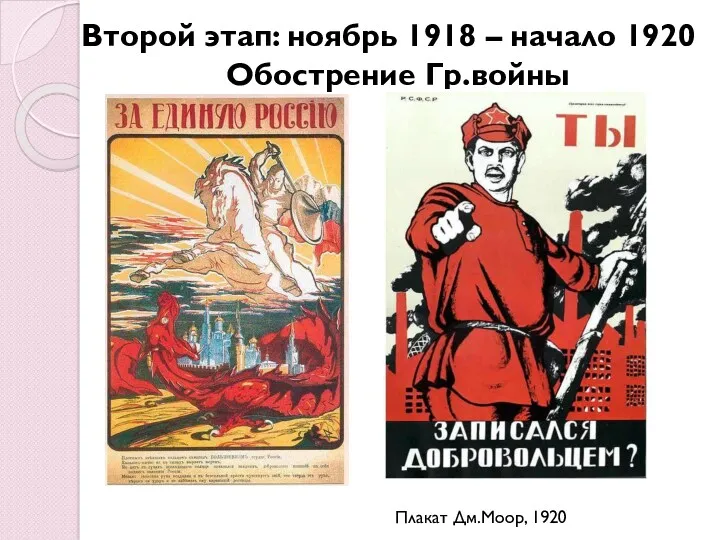 Второй этап: ноябрь 1918 – начало 1920 Обострение Гр.войны Плакат Дм.Моор, 1920