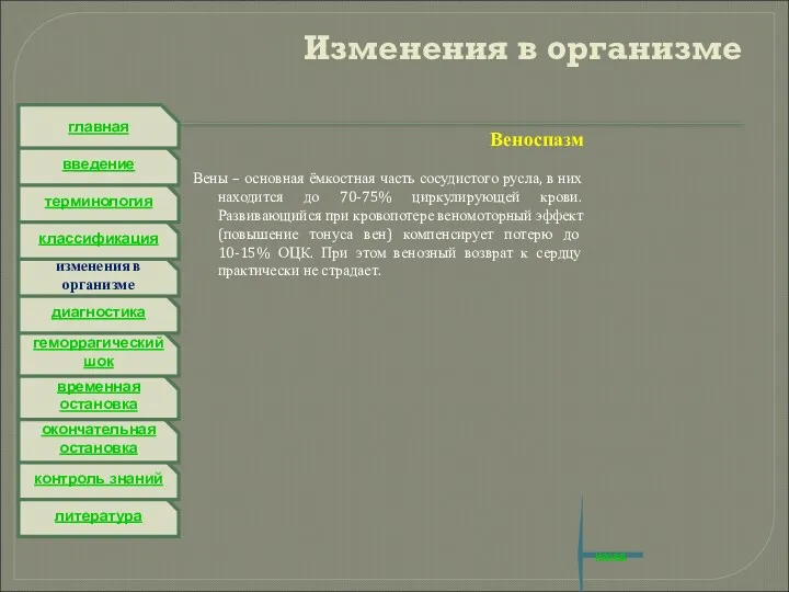 литература контроль знаний окончательная остановка временная остановка геморрагический шок диагностика изменения в организме