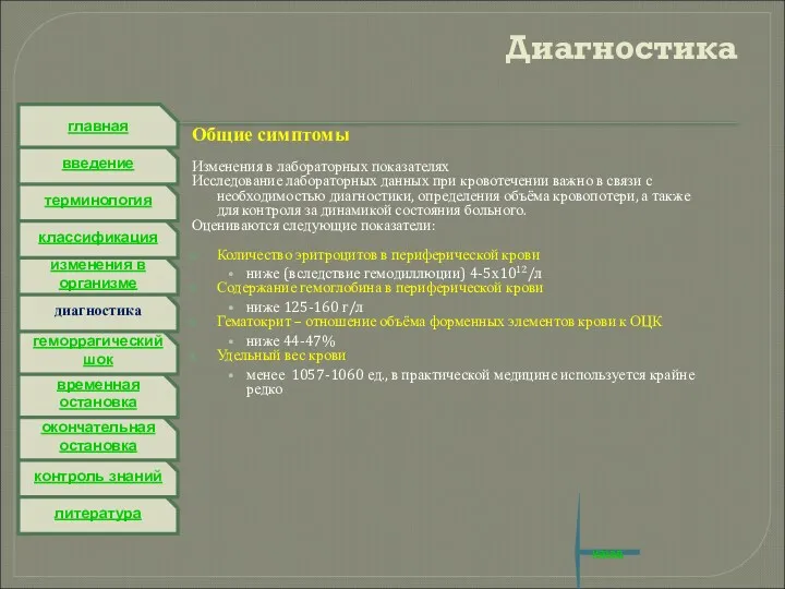 литература контроль знаний окончательная остановка временная остановка геморрагический шок диагностика