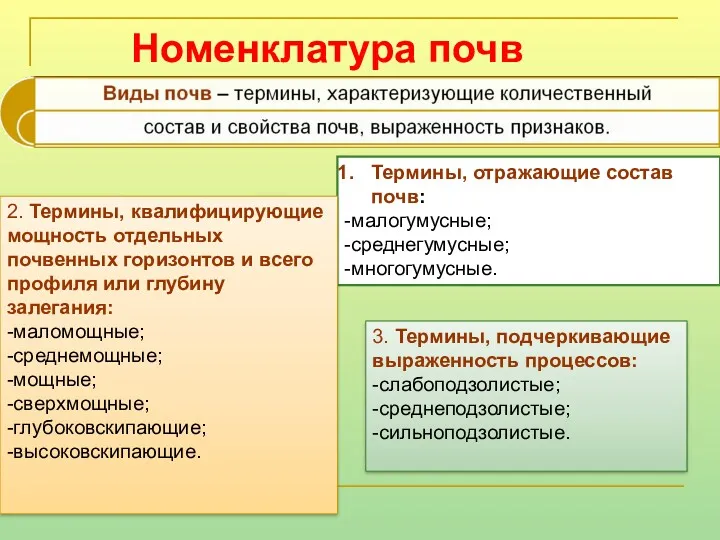 Номенклатура почв Термины, отражающие состав почв: -малогумусные; -среднегумусные; -многогумусные. 2.