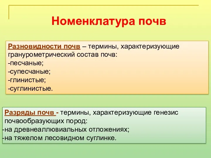 Номенклатура почв Разновидности почв – термины, характеризующие гранурометрический состав почв: