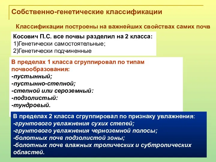 Собственно-генетические классификации Классификации построены на важнейших свойствах самих почв Косович