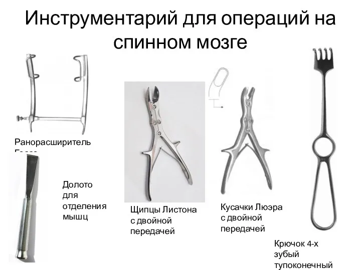 Инструментарий для операций на спинном мозге Ранорасширитель Госсе Крючок 4-х