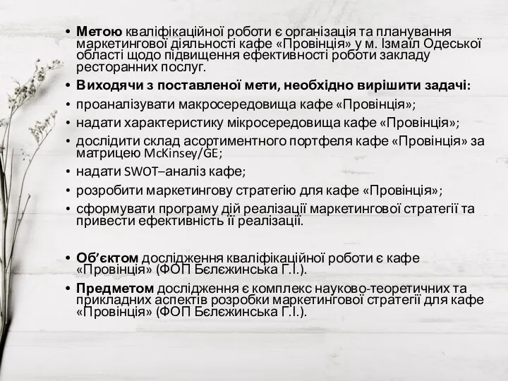 Метою кваліфікаційної роботи є організація та планування маркетингової діяльності кафе