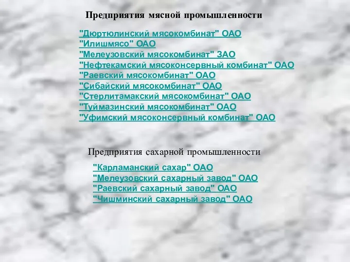 Предприятия мясной промышленности Предприятия сахарной промышленности "Карламанский сахар" ОАО "Мелеузовский