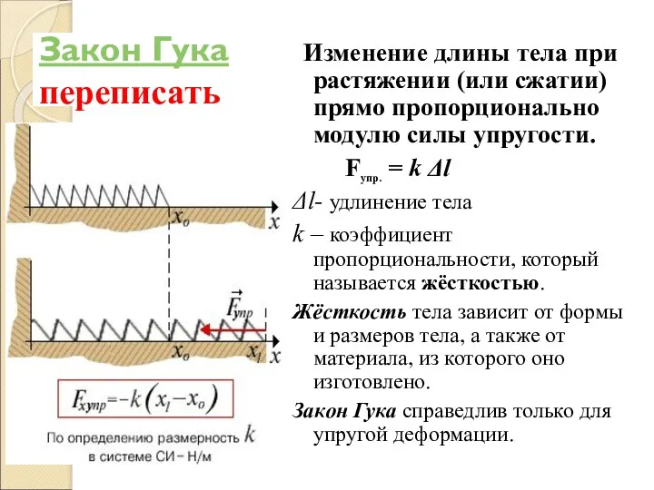 Закон Гука переписать Изменение длины тела при растяжении (или сжатии) прямо пропорционально модулю