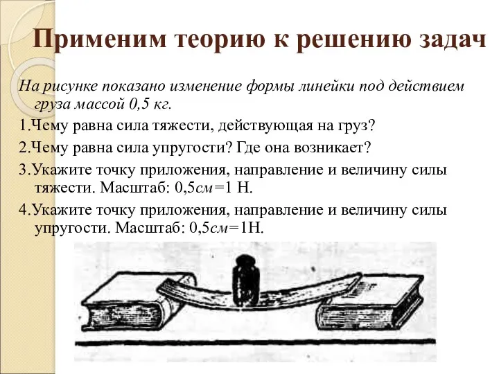 На рисунке показано изменение формы линейки под действием груза массой