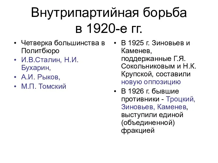 Внутрипартийная борьба в 1920-е гг. Четверка большинства в Политбюро И.В.Сталин, Н.И.Бухарин, А.И. Рыков,