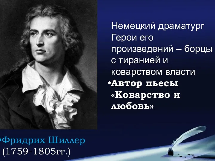 Фридрих Шиллер (1759-1805гг.) Немецкий драматург Герои его произведений – борцы