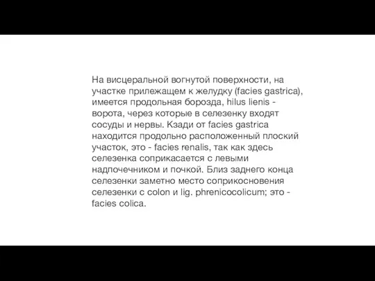 На висцеральной вогнутой поверхности, на участке прилежащем к желудку (facies