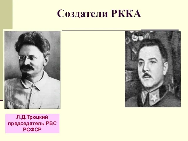 Создатели РККА Л.Д.Троцкий председатель РВС РСФСР М.В.Фрунзе К.Е.Ворошилов