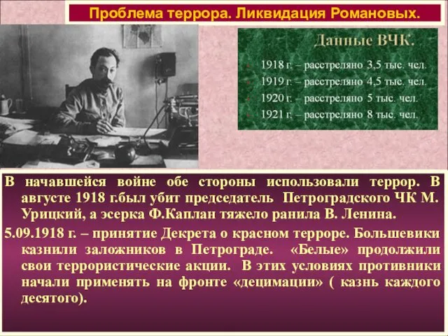 В начавшейся войне обе стороны использовали террор. В августе 1918