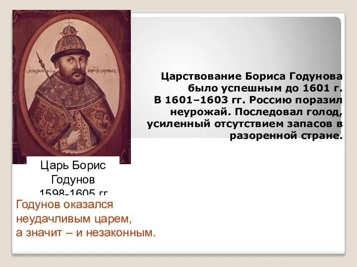 Царствование Бориса Годунова было успешным до 1601 г. В 1601–1603