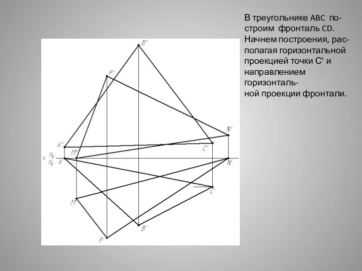 В треугольнике ABC по- строим фронталь CD. Начнем построения, рас-