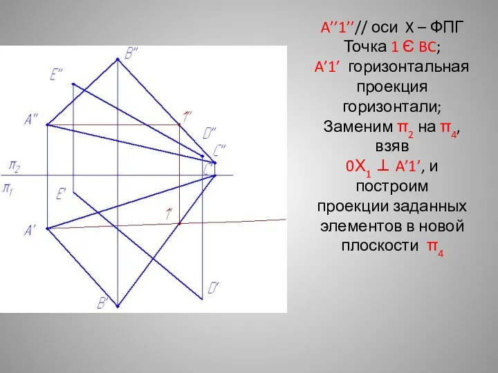 A’’1’’// оси X – ФПГ Точка 1 Є BC; A’1’ горизонтальная проекция горизонтали;