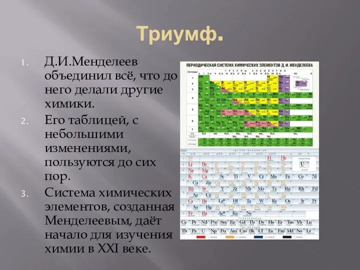 Триумф. Д.И.Менделеев объединил всё, что до него делали другие химики.