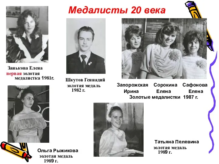 Медалисты 20 века Занькова Елена первая золотая медалистка 1981г. Шкутов Геннадий золотая медаль