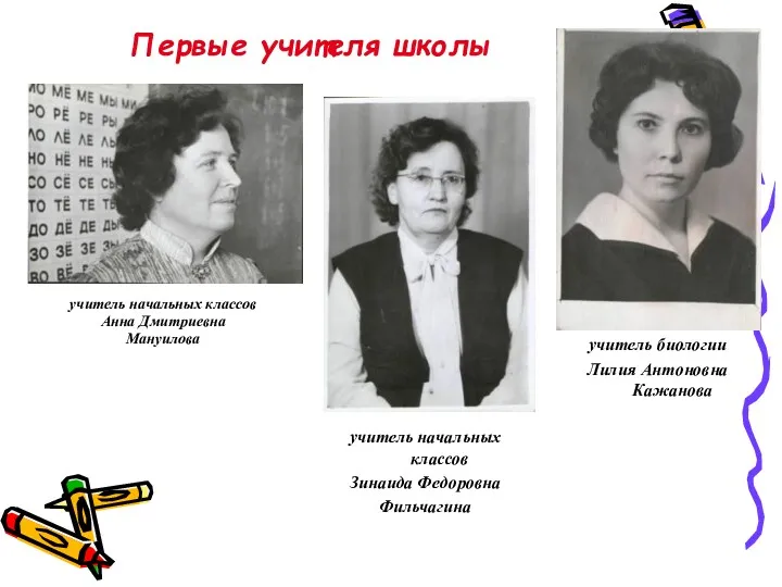 Первые учителя школы учитель начальных классов Анна Дмитриевна Мануилова учитель начальных классов Зинаида