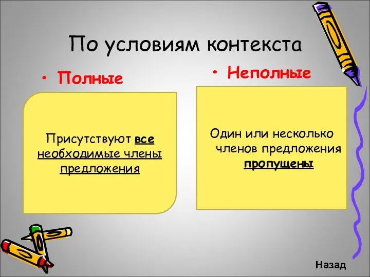 По условиям контекста Полные Неполные Присутствуют все необходимые члены предложения