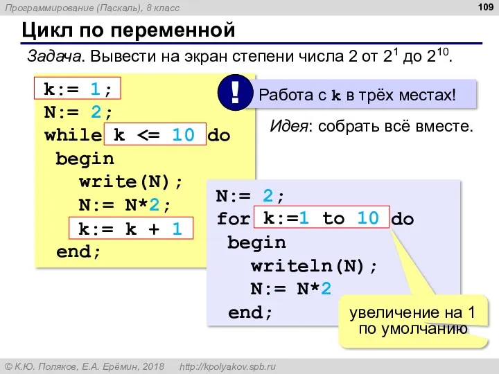 Цикл по переменной Задача. Вывести на экран степени числа 2