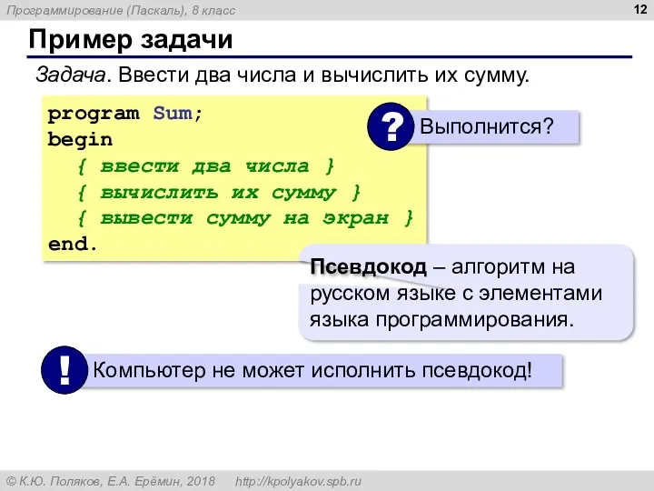 Пример задачи Задача. Ввести два числа и вычислить их сумму.