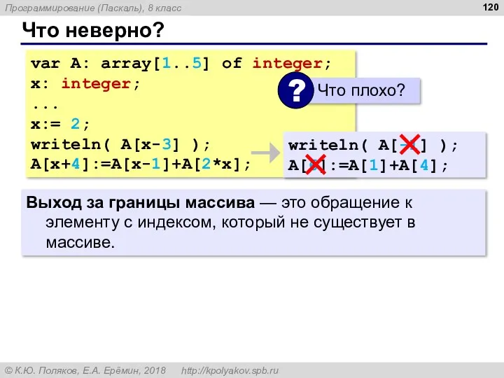 Что неверно? var A: array[1..5] of integer; x: integer; ...