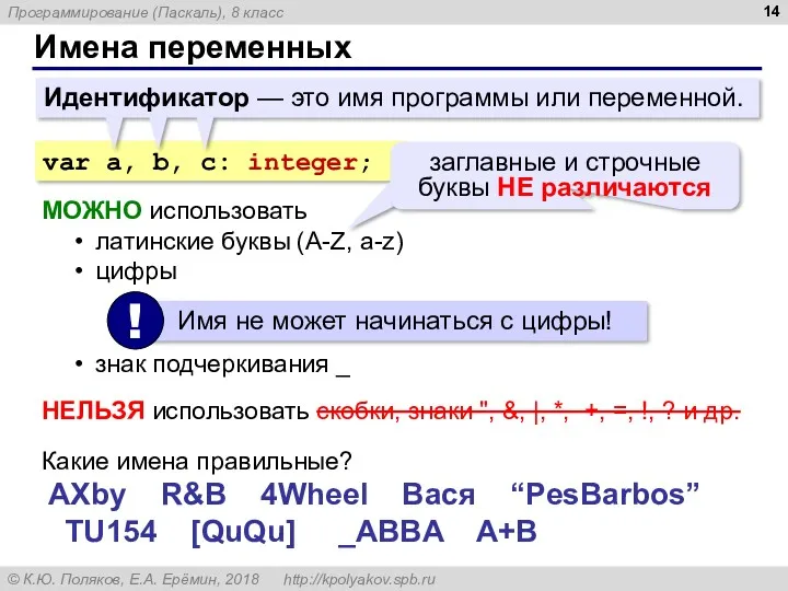 Имена переменных Идентификатор — это имя программы или переменной. var