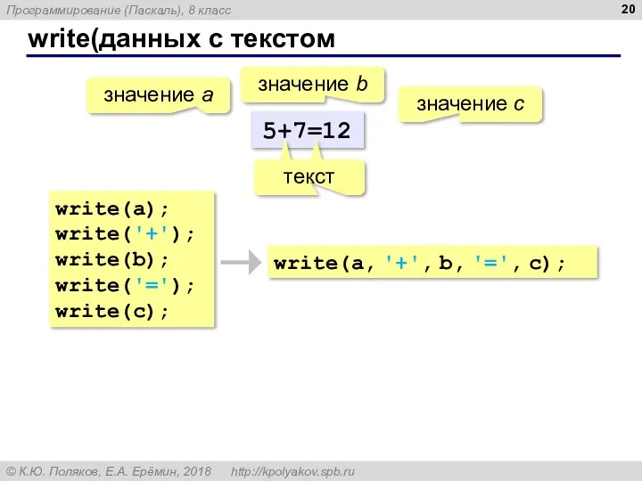 write(данных с текстом 5+7=12 значение a значение с значение b