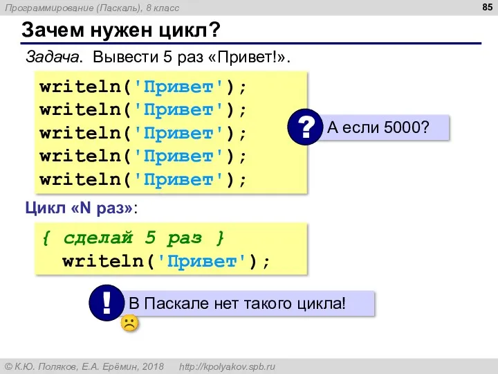 Зачем нужен цикл? Задача. Вывести 5 раз «Привет!». writeln('Привет'); writeln('Привет');