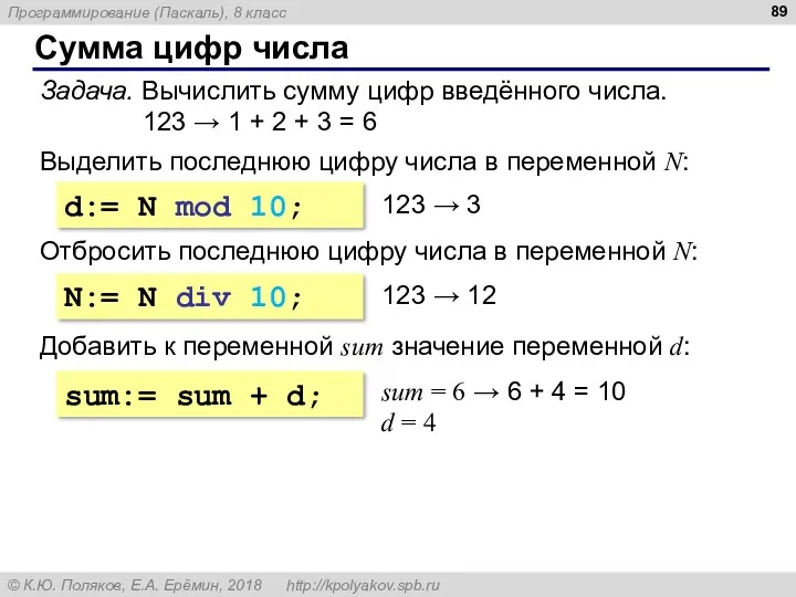 Сумма цифр числа Задача. Вычислить сумму цифр введённого числа. 123