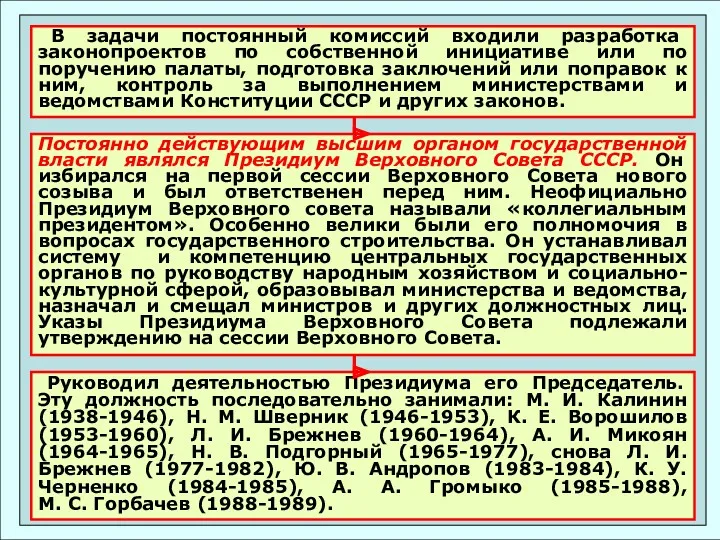 В задачи постоянный комиссий входили разработка законопроектов по собственной инициативе