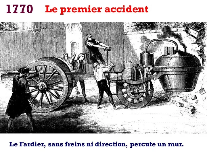 1770 Le premier accident Le Fardier, sans freins ni direction, percute un mur.