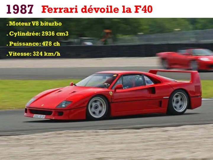 1987 Ferrari dévoile la F40 . Moteur V8 biturbo .