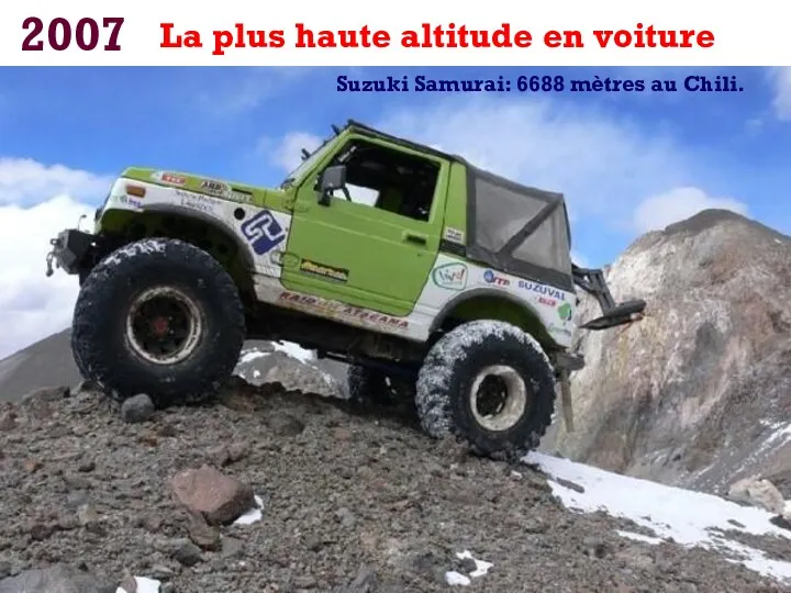 2007 La plus haute altitude en voiture Suzuki Samurai: 6688 mètres au Chili.