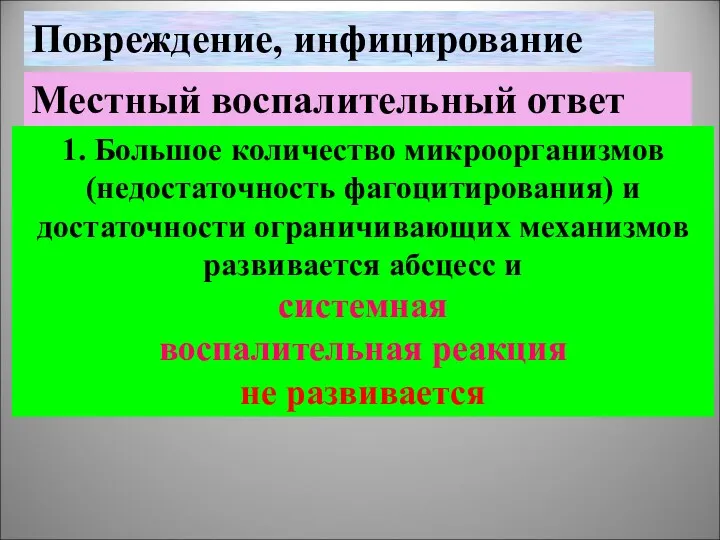 Повреждение, инфицирование Местный воспалительный ответ 1. Большое количество микроорганизмов (недостаточность