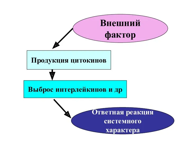 Внешний фактор Продукция цитокинов Выброс интерлейкинов и др Ответная реакция системного характера