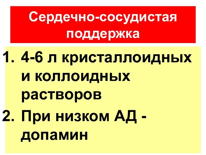 4-6 л кристаллоидных и коллоидных растворов При низком АД - допамин Сердечно-сосудистая поддержка