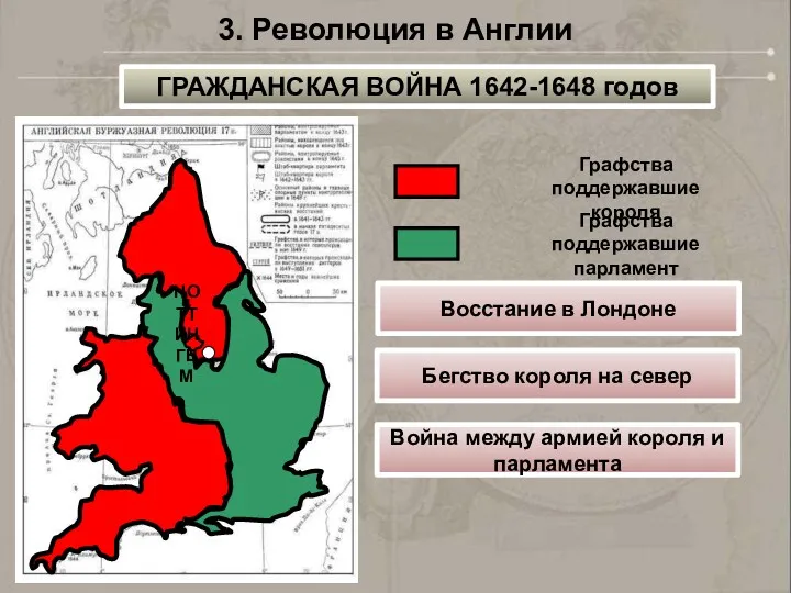 НОТТИНГЕМ Графства поддержавшие короля Графства поддержавшие парламент 3. Революция в