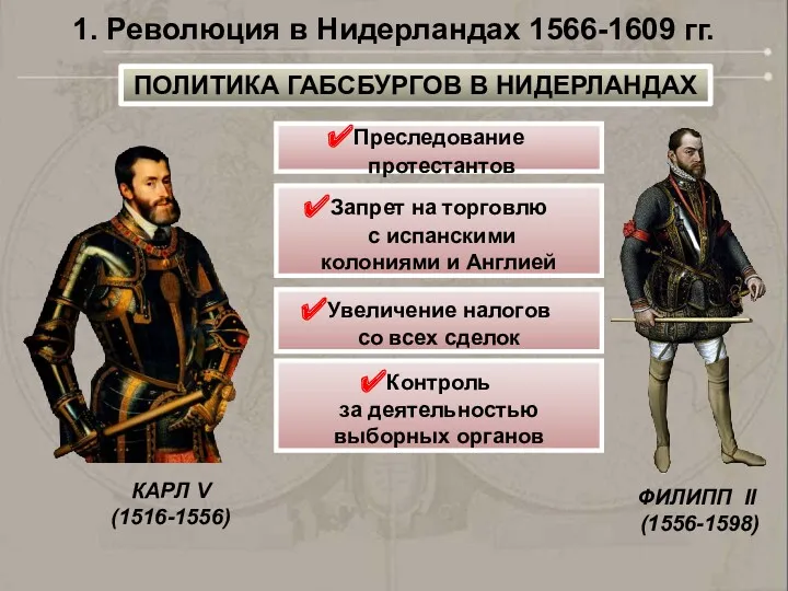 КАРЛ V (1516-1556) ФИЛИПП II (1556-1598) Преследование протестантов Запрет на