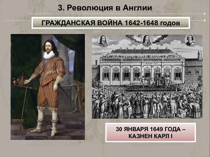 30 ЯНВАРЯ 1649 ГОДА – КАЗНЕН КАРЛ I 3. Революция в Англии ГРАЖДАНСКАЯ ВОЙНА 1642-1648 годов