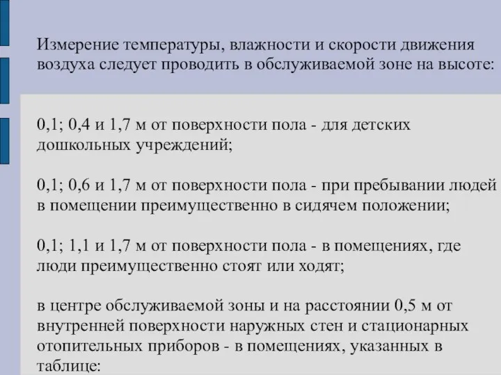 Измерение температуры, влажности и скорости движения воздуха следует проводить в