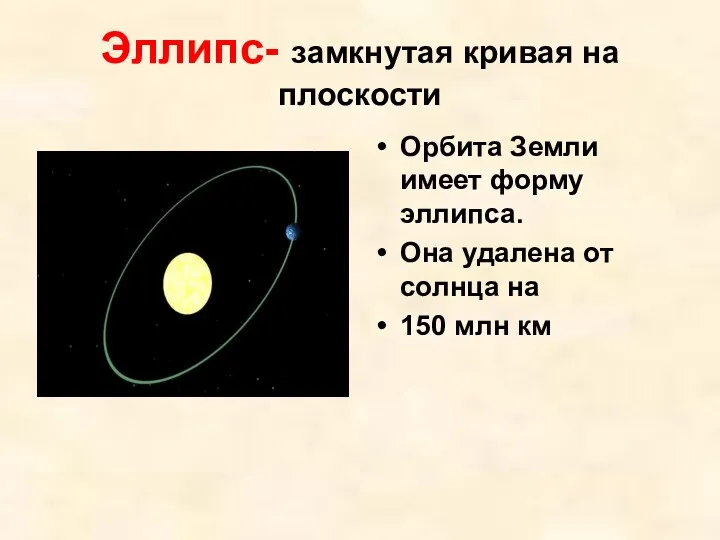 Эллипс- замкнутая кривая на плоскости Орбита Земли имеет форму эллипса.