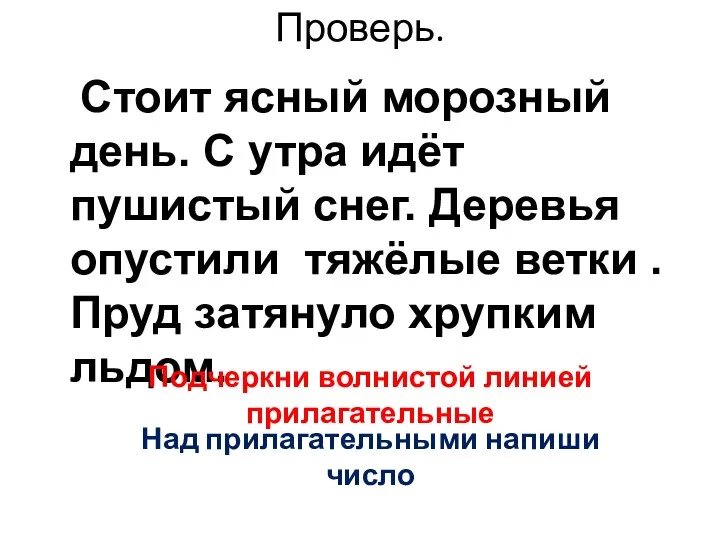 Проверь. Стоит ясный морозный день. С утра идёт пушистый снег.