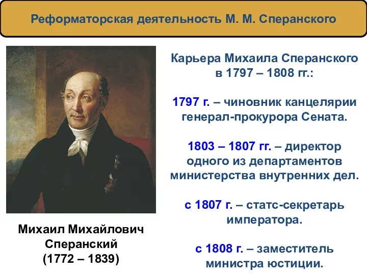 Реформаторская деятельность М. М. Сперанского Михаил Михайлович Сперанский (1772 – 1839) Карьера Михаила